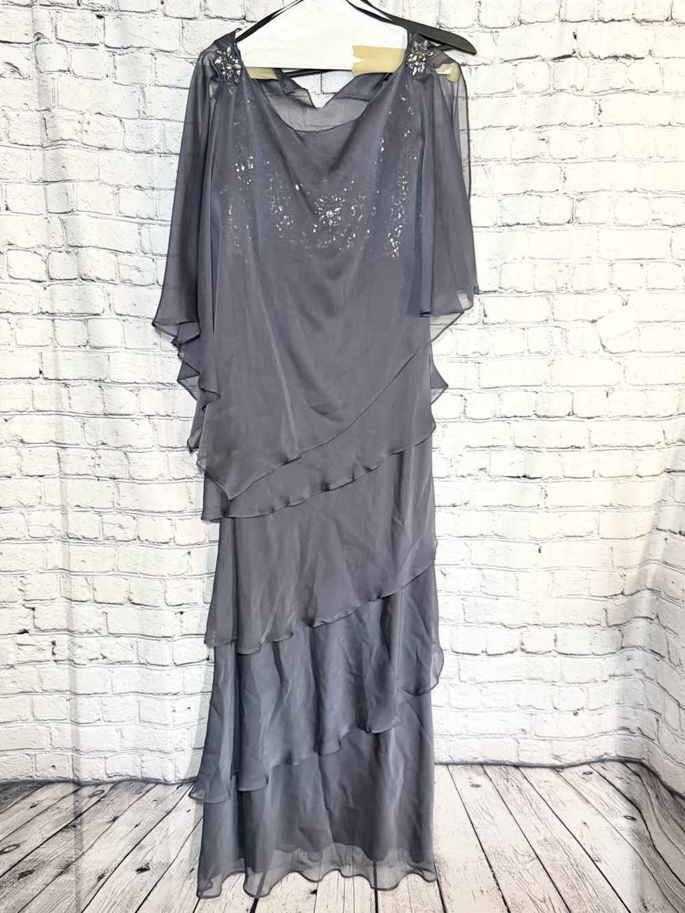 Elegant Gray Layered Chiffon Women's Dress with Sequin Detail. Size 16